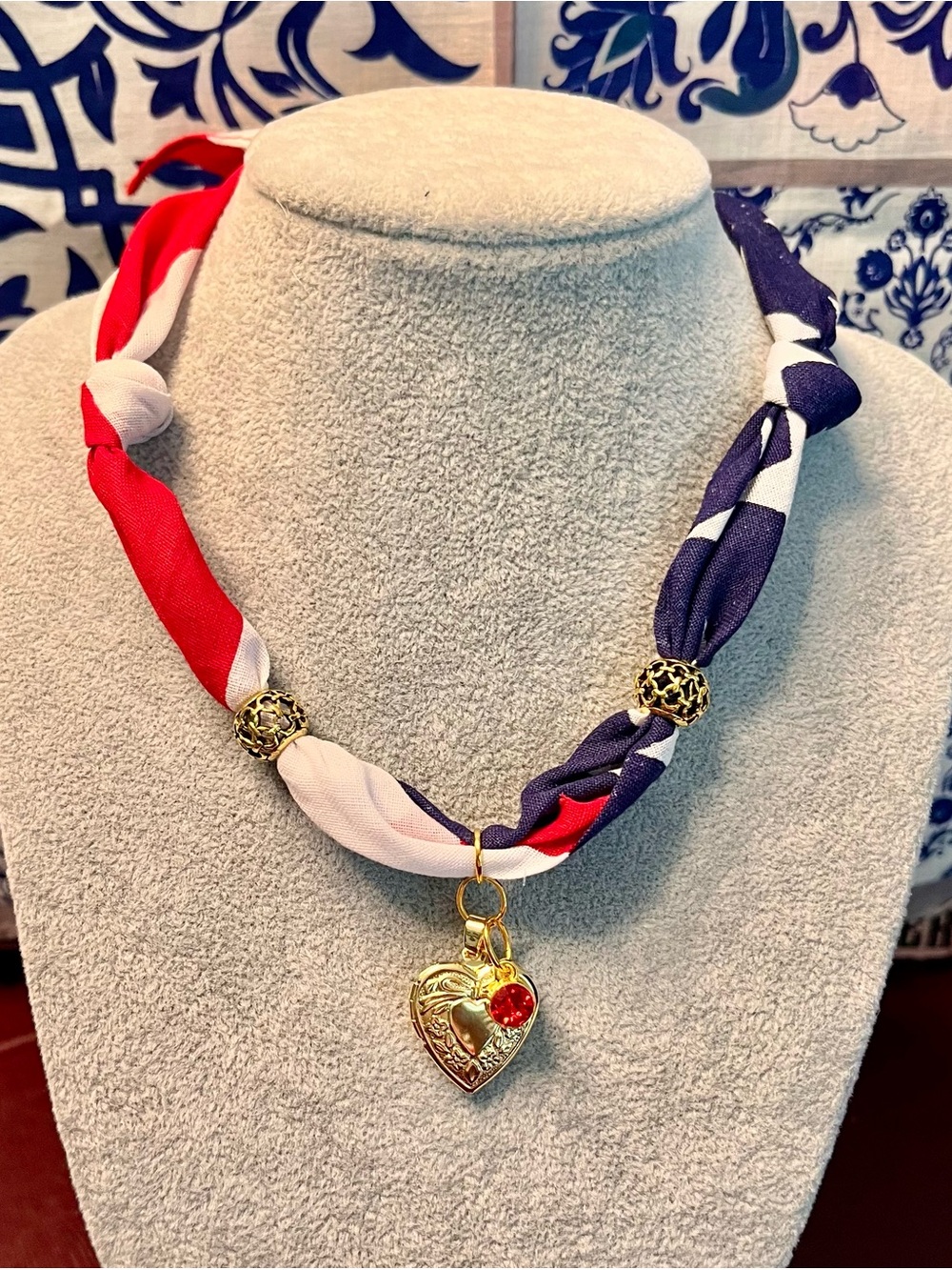 Patriotic Red White & Blue Heart Locket Scarf Necklace, 28”